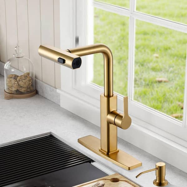 Waterfall 3-Mode Single Handle 14.8 in. H Kitchen Pull Down Faucet with Advanced Spray, Soap Dispenser in Gold