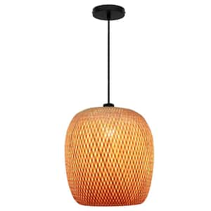 Bernice 14 in. 1-Light Black Pendant Light Fixture with Natural Rattan Shade