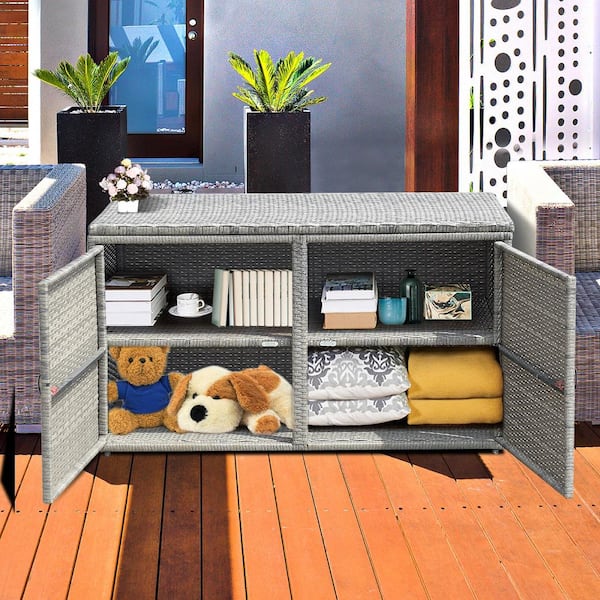 88 Gal. Rattan Outdoor Storage Bench Box Outdoor Patio Container Seat w/Shelf Door
