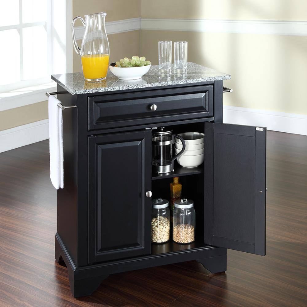 Gray Granite Top Black Portable Kitchen Island Cart