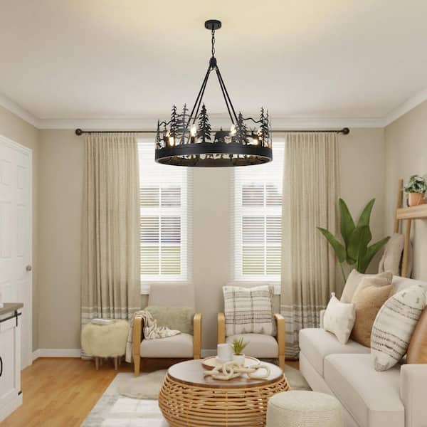 JUSHENG 8-Light Black Ambient Rustic Chandelier Wagon Wheel
