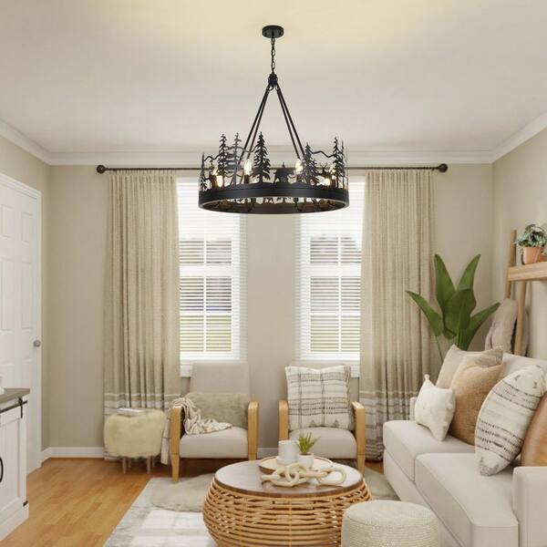 8-Light Black Ambient Rustic Chandelier Wagon Wheel Farmhouse Chandelier for Dining Living Room Foyer