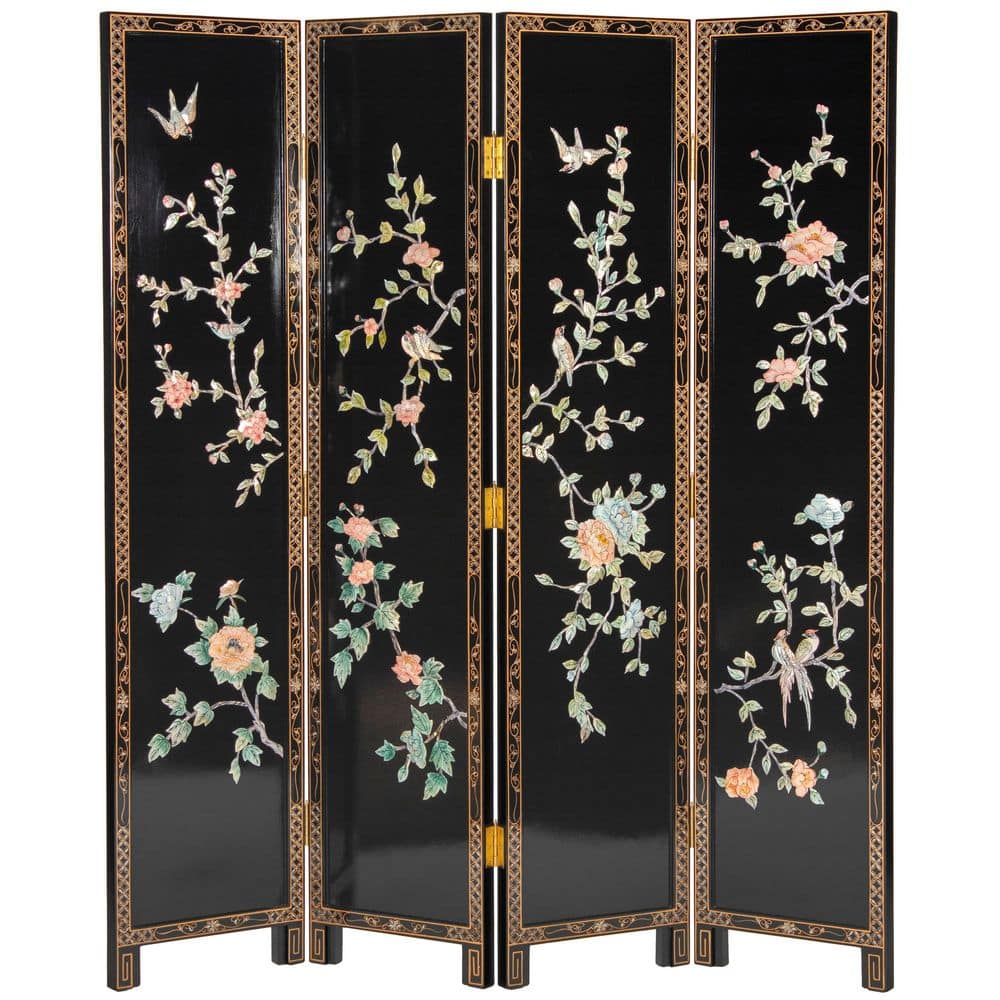 6 ft. Black 4-Panel Birds and Flowers Room Divider