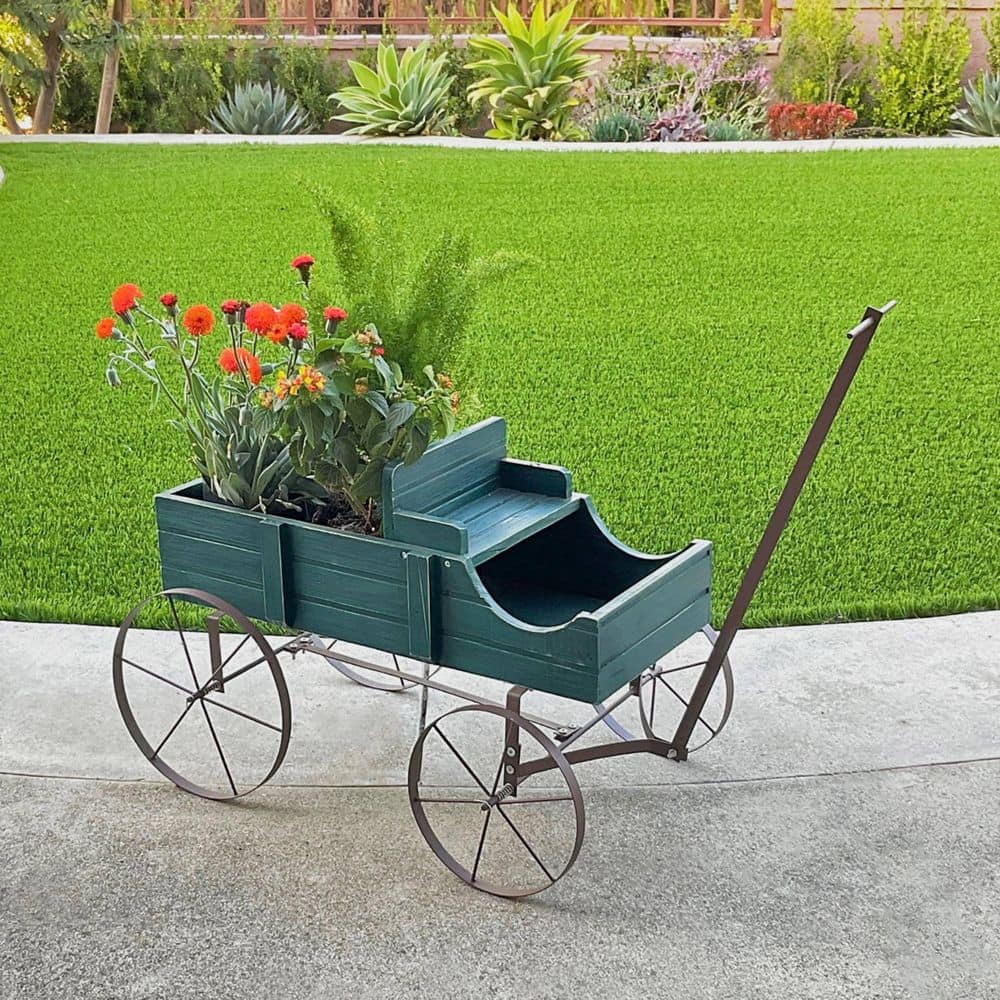 Green Cedar Wood Decorative Wagon Planter for Outdoor Plants