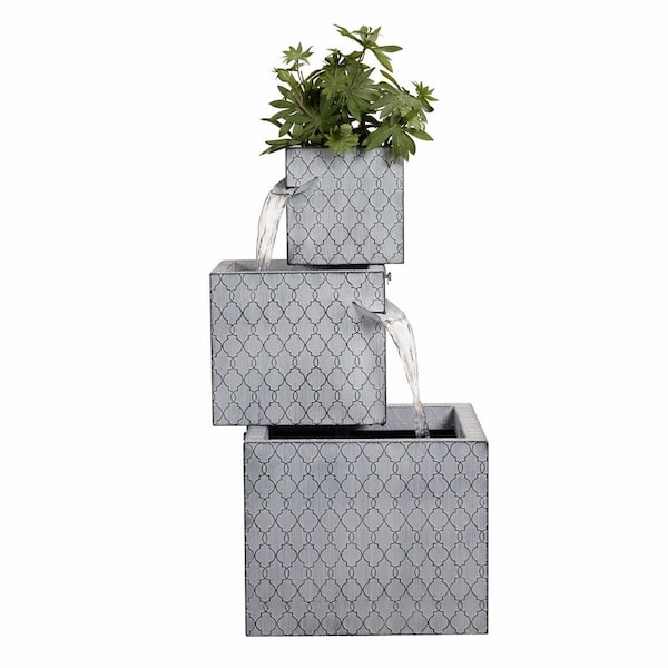 HI-LINE GIFT LTD Rectangle 3-Tier Metal Fountain with Planter and LED Lights - Outdoor