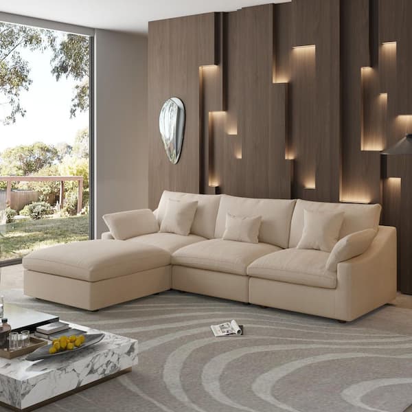 Oversized 119.3 in. W Slope Arm Linen Down Feather Modular Free Combination Sofa with Ottoman, Removable Cover in Brown