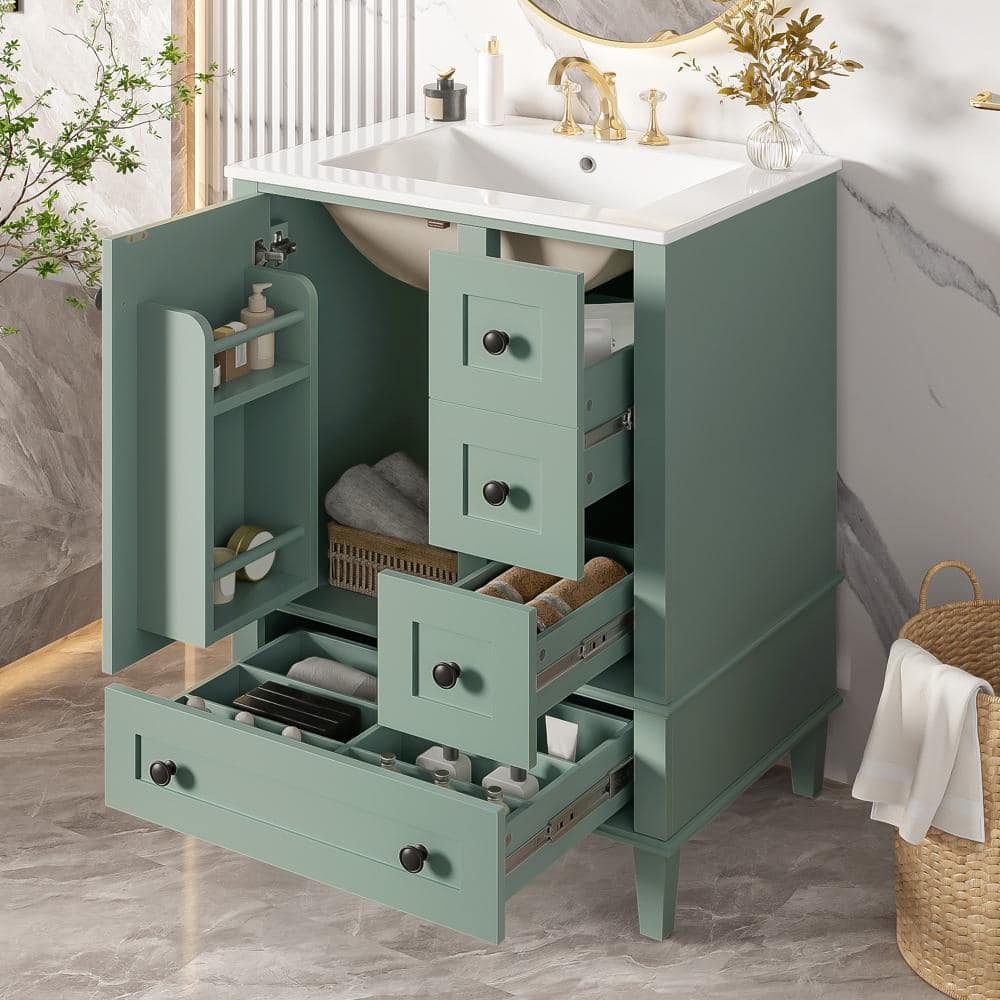 24 in.Light Green Freestanding Bath Vanity with Ceramic Single Sink,Soft Close Door&Drawers,Door Storage Rack price history on PriceWatchPro
