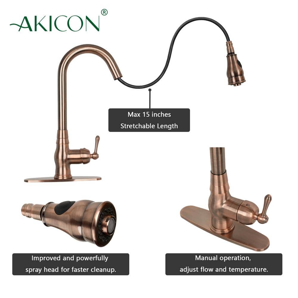 Antique Copper Single Handle Pull-Down Kitchen Faucet with Deck Plate