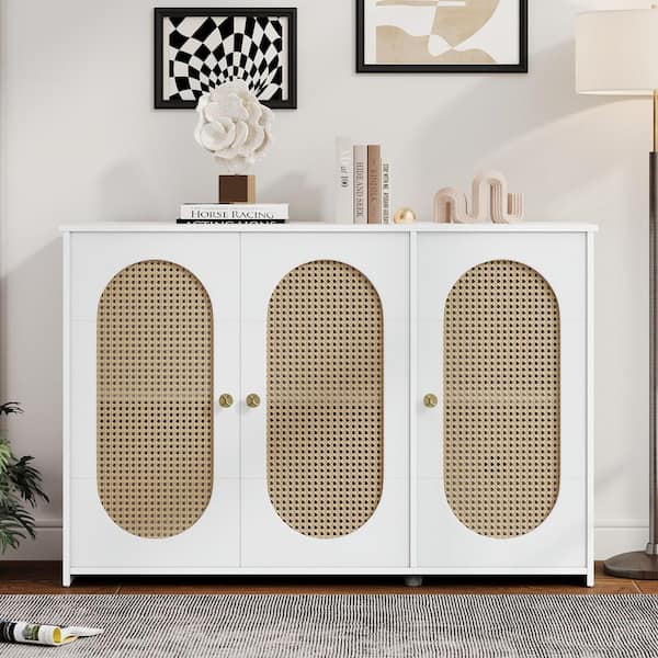 Spruce & Spring Lena White Wood 48.8 in. 3-Door Sideboard with Rattan Panels with Large Storage Space for Living Room and Hallway