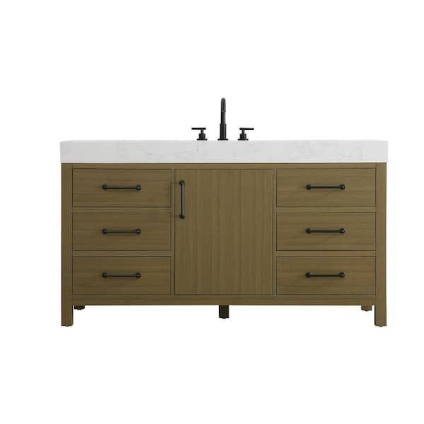 60 in. Single Sink Chestnut Brown Bath Vanity with White Engineered Marble Top