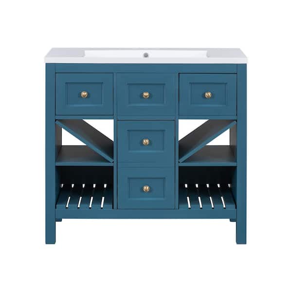 36 in. W x 18 in. D x 34 in. H Single Sink Freestanding Bath Vanity in Blue with White Resin Top