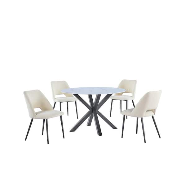 Best Quality Furniture Martina 5-Piece White Round Marble Wrap Glass Top Iron Metal Frame Dining Set with 4 Beige Polar Fleece Chairs