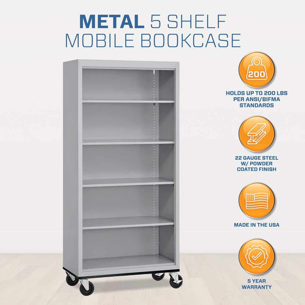 Dove Gray Adjustable Steel Mobile Bookcase with Shelves