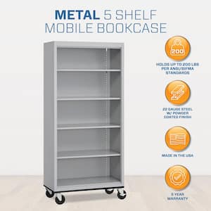 Metal 5-shelf Cart Bookcase with Adjustable Shelves in Dove Gray (78 in.)