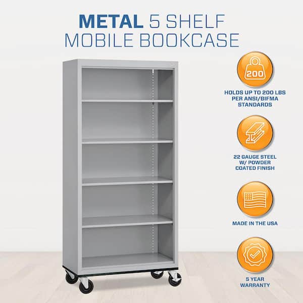 Metal 5-shelf Cart Bookcase with Adjustable Shelves in Dove Gray (78 in.)