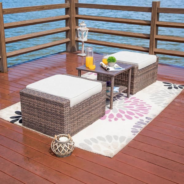 Patio Festival 3-Piece Wicker Outdoor Ottoman with Beige Cushions (2-Pack)