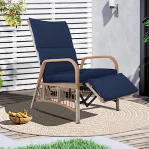 Wicker Adjustable Patio Outdoor Recliner Chair Lounge Chair with Navy Blue Cushions