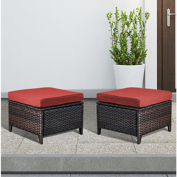 Gymojoy Carolina Brown Wicker Outdoor Ottoman with Red Cushion (2-Pack)