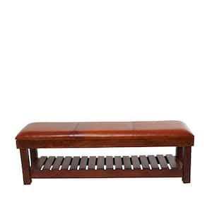 Brown Bench with Slatted Lower Shelf 61 in. Bedroom Bench
