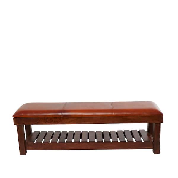 Litton Lane Brown Bench with Slatted Lower Shelf 61 in. Bedroom Bench