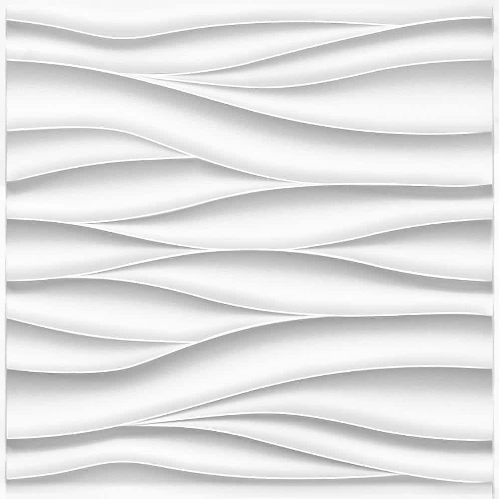 White PVC Wave Textured 3D Wall Panels, Modern Accent 19.7 in. x 19.7 in. W