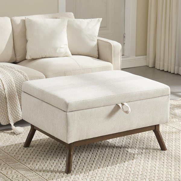 Divine Beige 31.5 Linen Mid Century Modern Square Coffee Table Storage Ottoman