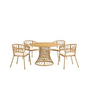Brown 5-Piece Bamboo Wood PE Rattan Antique Outdoor Dining Table and Chair Set with White Cushions