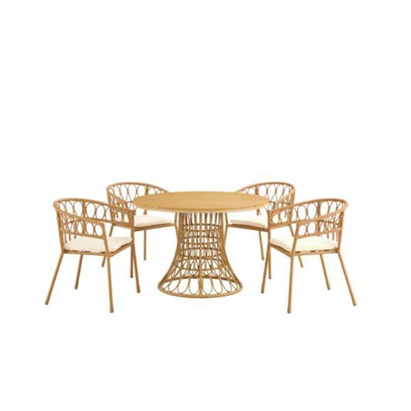 ITOPFOX Brown 5-Piece Bamboo Wood PE Rattan Antique Outdoor Dining Table and Chair Set with White Cushions