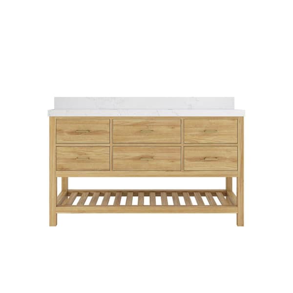 Parker Teak 60 in. Single Sink Freestanding Light Natural Bath Vanity with Empira White Quartz Top Unassembled
