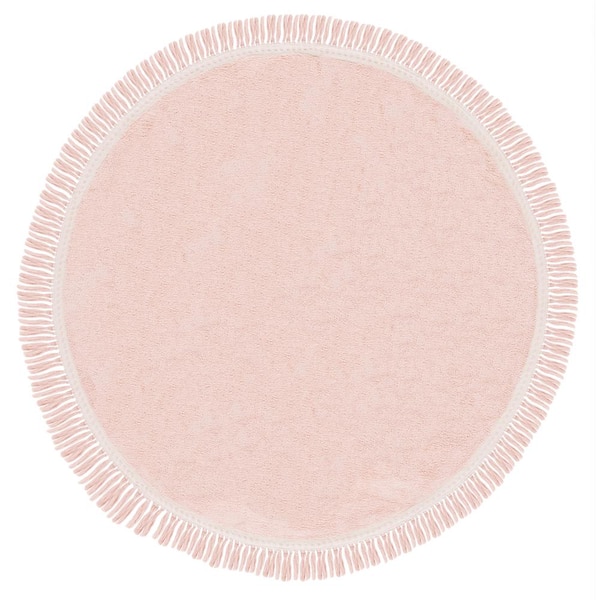 Easy Care 7 ft. x 7 ft. Pink/Ivory Machine Washable Solid Fringe Border Round Area Rug