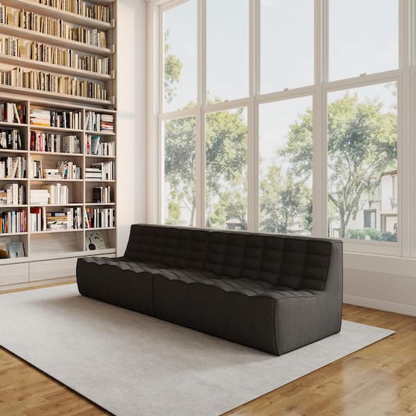 Set of 2-Loveseat Armless 55.1 in. 2-Piece Linen Modular Sectional Sofa 2-Seater Fireside Lazy Floor Sofa Couch in Black