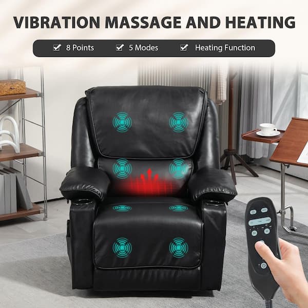 Homcom Vibration Massage Recliner Chair with Heat, Oversized Swivel Rocker, PU Manual Reclining Chair with Footrest, Remote, Pockets, Black