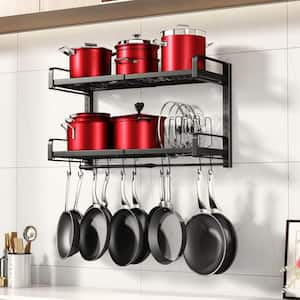 Black 19 in. to 30 in. Expandable Wall Mounted Pot Rack with 10-Hooks, 2-Tier Adjustable Steel Pot and Pan Organizer