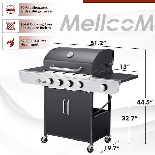 MELLCOM BGGIN0071 5-Burner BBQ Propane Gas Grill, 24,000 Stainless Steel Patio Garden Barbecue Grill in Black - 2