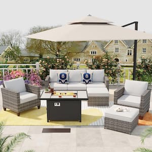 Milan Gray 6-Piece Wicker Outdoor Patio Rectangular Fire Pit Seating Sofa Set and with Gray Cushions