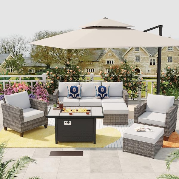 XIZZI Milan Gray 6-Piece Wicker Outdoor Patio Rectangular Fire Pit Seating Sofa Set and with Gray Cushions