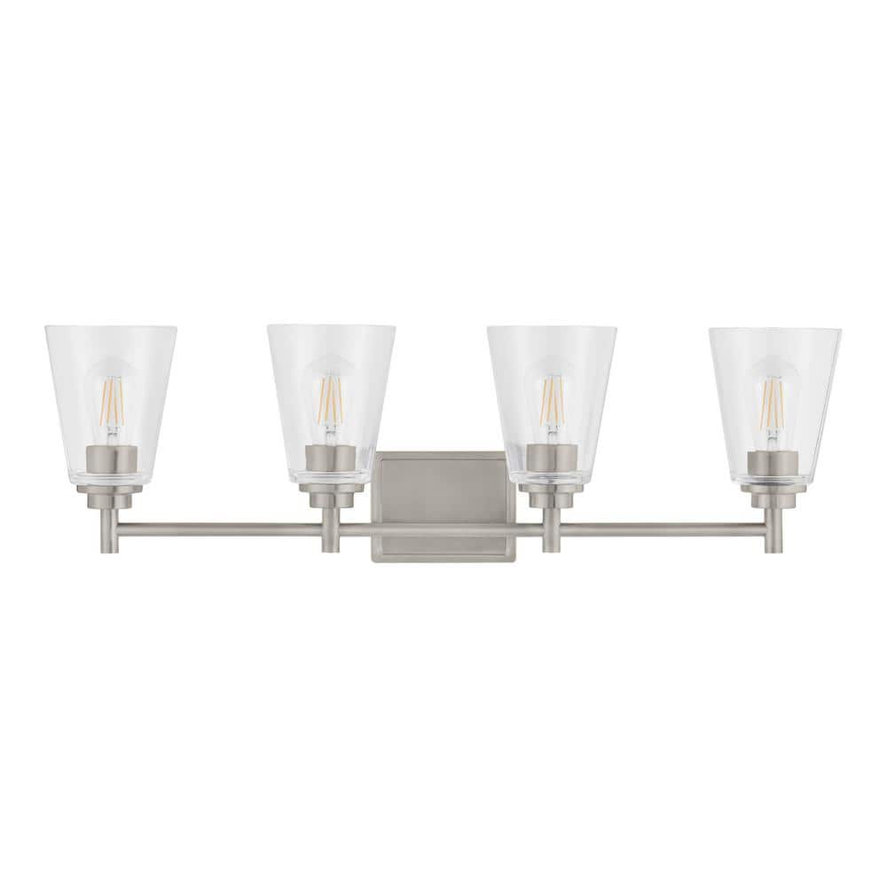 Hampton Bay 31 in. Wakefield 4-Light Brushed Nickel Modern Bathroom Vanity Light with Clear Glass Shades