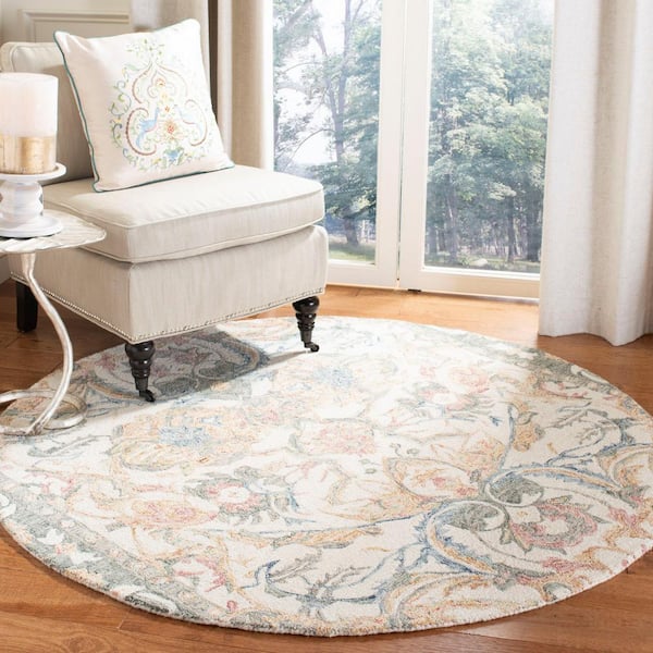 Micro-Loop Ivory/Blue 5 ft. x 5 ft. Round Floral Area Rug
