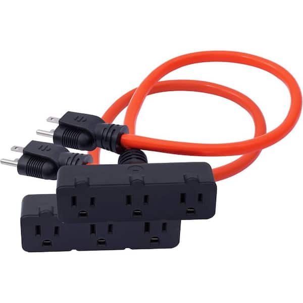 2-Pack 2Ft. 12/3 Heavy Duty Indoor Extension Cord with 3-Outlet Water-Resistant Molded Plug, 125V/15Amp 1875Watt, Orange