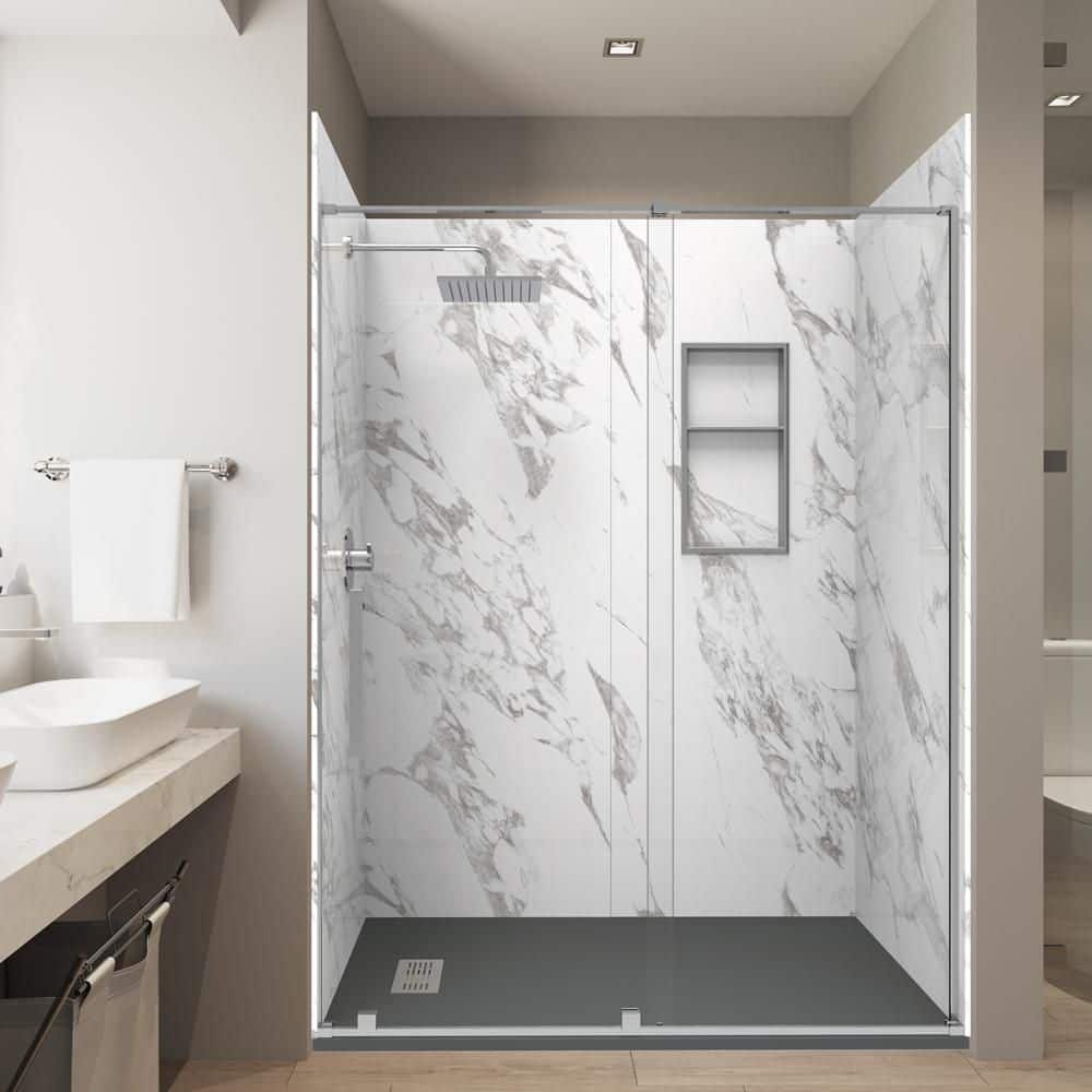 Carrara 36in.x60in. x 84in. Combo Solid Composite Stone Alcove Shower Kit Matching Brushed Nickel Door, Niche & Drain price history on PriceWatchPro