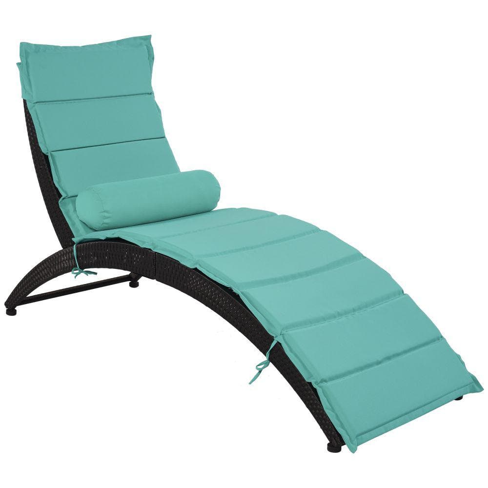 Black Rattan Wicker Folding Outdoor Chaise Lounge Chair with Turquoise Cush