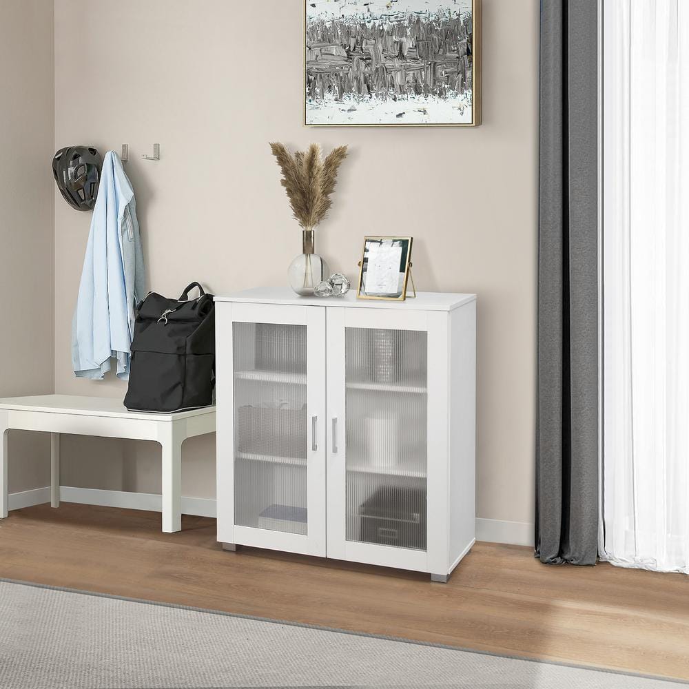 White Particle Board Lighted Curio Cabinet with Frosted Glass Doors