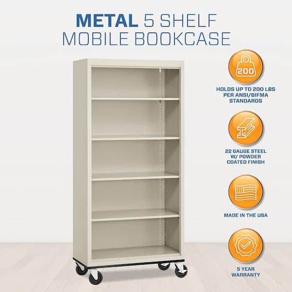 Metal 5-shelf Cart Bookcase with Adjustable Shelves in Putty (78 in.)