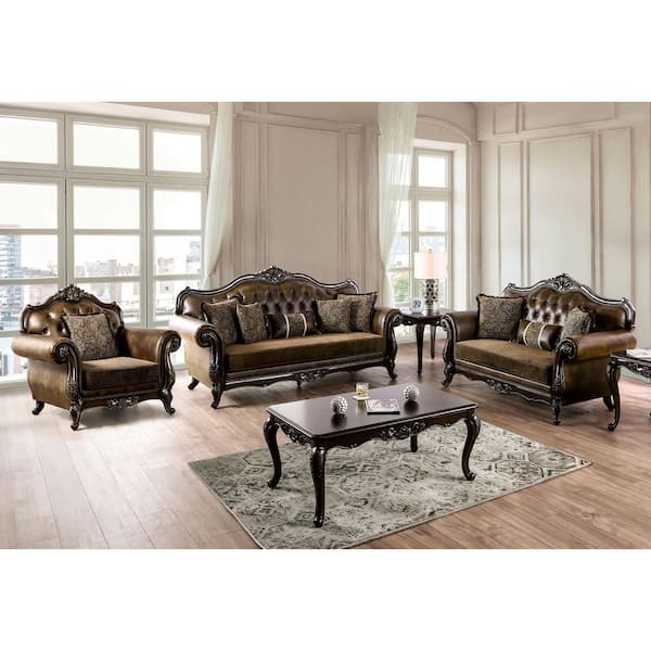 Grant 3-Piece Dark Cherry and Brown Faux Leather Living Room Set with Rolled Arm and Tufted Back