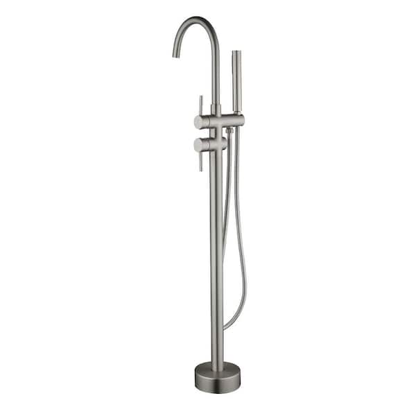 AIMADI 2-Handle Freestanding Tub Faucet with Hand Shower Single Hole Brass Floor Mount Bathtub Fillers in Brushed Nickel