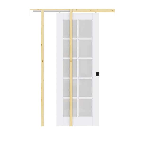 30 in., x 80 in., 10-Lite Frosted Glass White Primed Wood Pocket Door with Hardware Kit (Soft Close and Black Lock Incl)