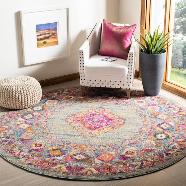 Madison Light Gray/Fuchsia 7 ft. x 7 ft. Round Bohemian Area Rug