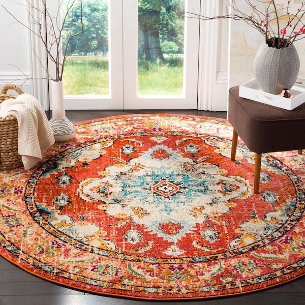 Monaco Orange/Light Blue 8 ft. x 8 ft. Distressed Border Medallion Round Area Rug
