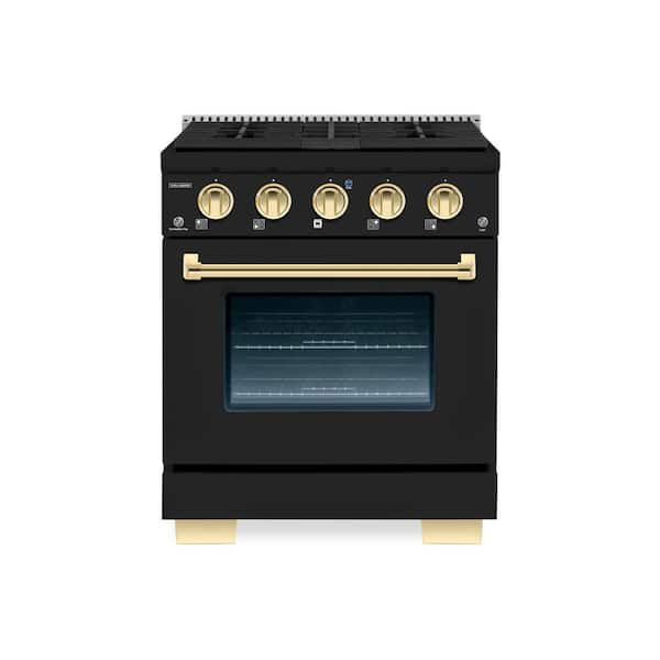 BOLD 30 in. 4.2 cu. ft. 4 Burner Freestanding Dual Fuel Range Gas Stove, Electric Oven, Matte Graphite with Brass Trim