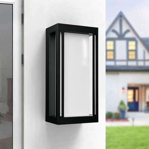 14 in. Black Modern Dusk to Dawn Dimmable Outdoor Hardwired Aluminum Wall Light Sconce Integrated LED